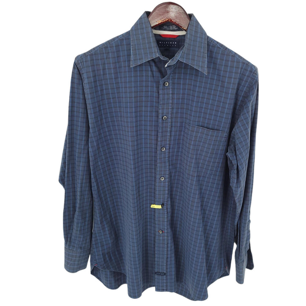 Tommy Hilfiger Shirt Mens Medium Button Up Long‎ Sleeve Blue Checkered Stretch